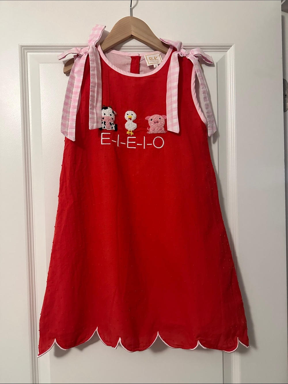 Red Dress with Pink Gingham Tie-Straps and Farm Embroidery